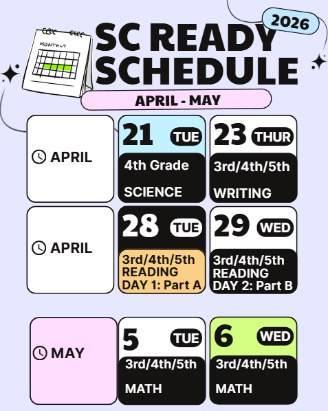 SC Ready Testing Dates April 21 4th grade Science, April 23 Writing, April 28 & 29 Reading, May 5 & 6 Math